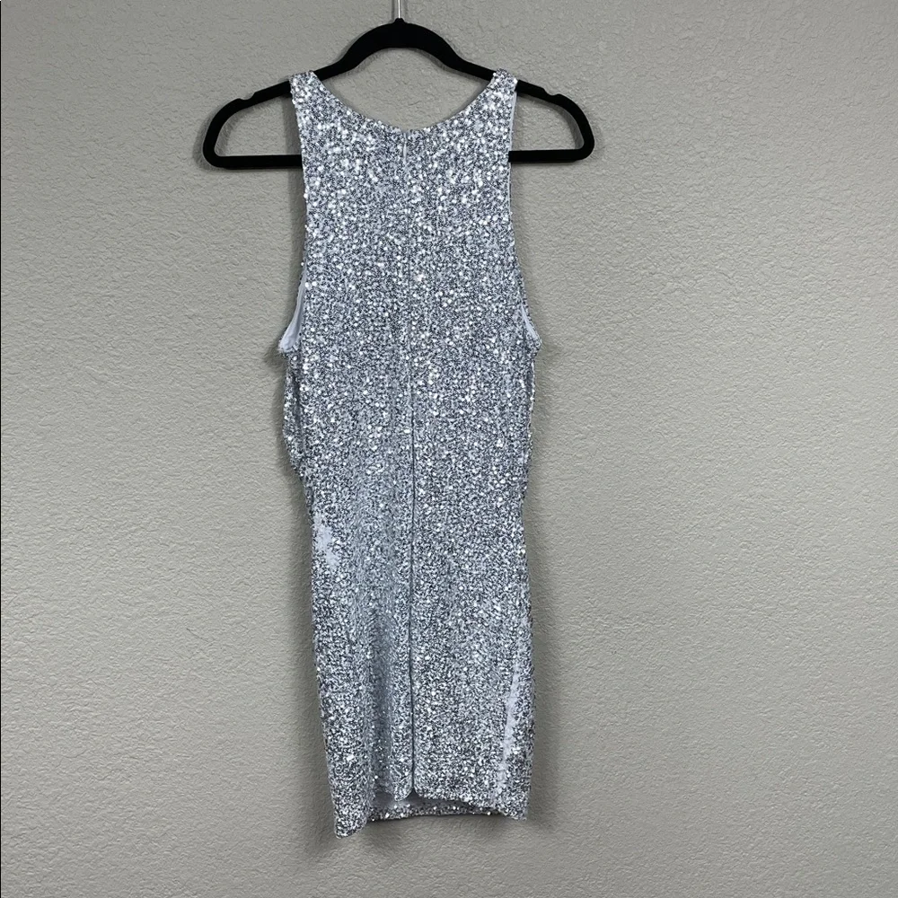 Abound Silver Sequin Stretch Bodycon Dress Sleeveless Sparkle Sz L - Picture 4 of 13